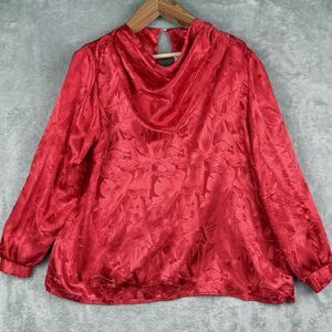 Rhapsody Red Satin Blouse Women L Floral Embossed Cowl Neck 80s VTG 9507